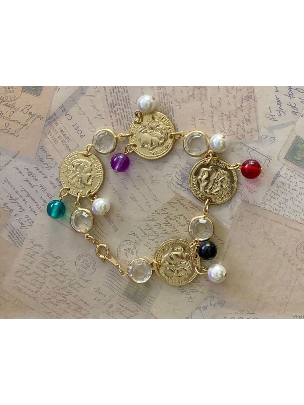 Vintage Coin Jewlery Charming Gold Coin Crystal Bracelet Colorful Beads Pearls
